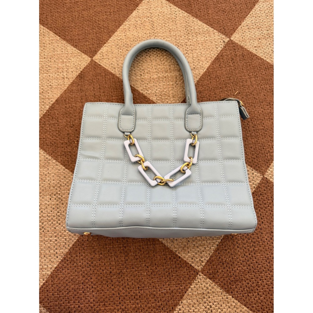 Unbranded Light Blue Quilted Satchel Handbag Leopard Print Lining Chain Accent